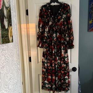 Black, Green, Orange and Red Floral Long Sleeve Dress